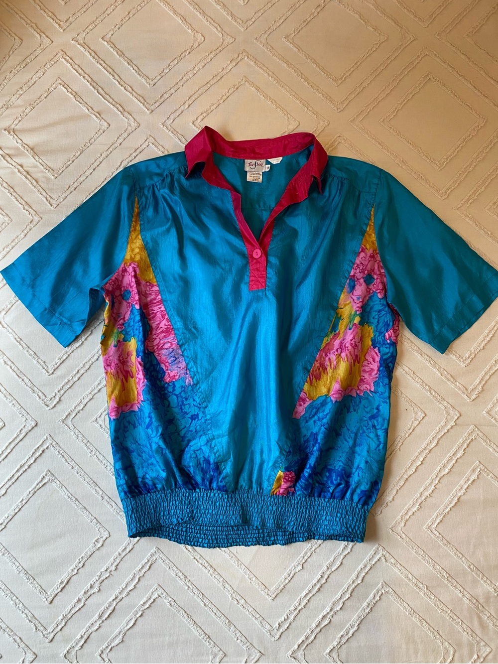 Vintage 80’s Color-Blocked Silk Polo Top with Smocked Waist - Halloween Costume